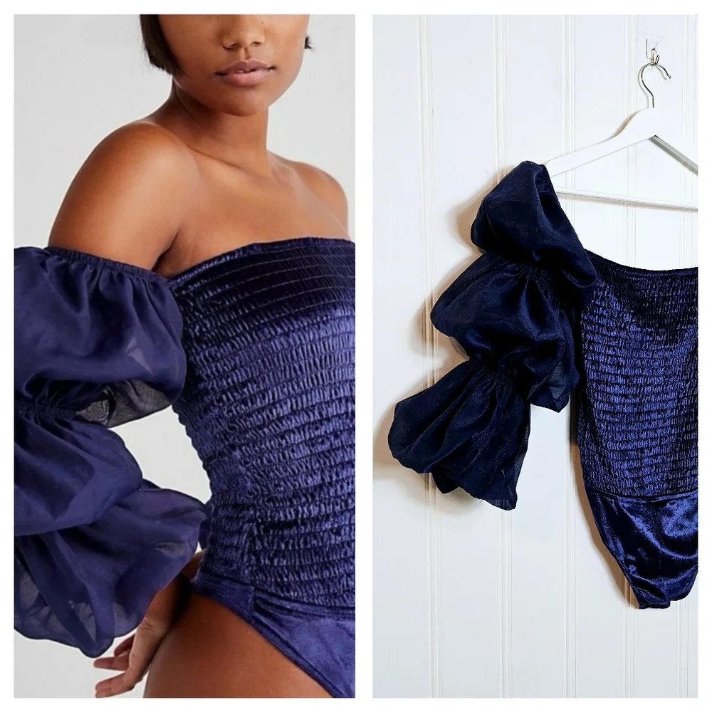 Free People Bodysuit Sz S Girls Just Wanna Velvet Smocked Puff Sleeve Navy Marin